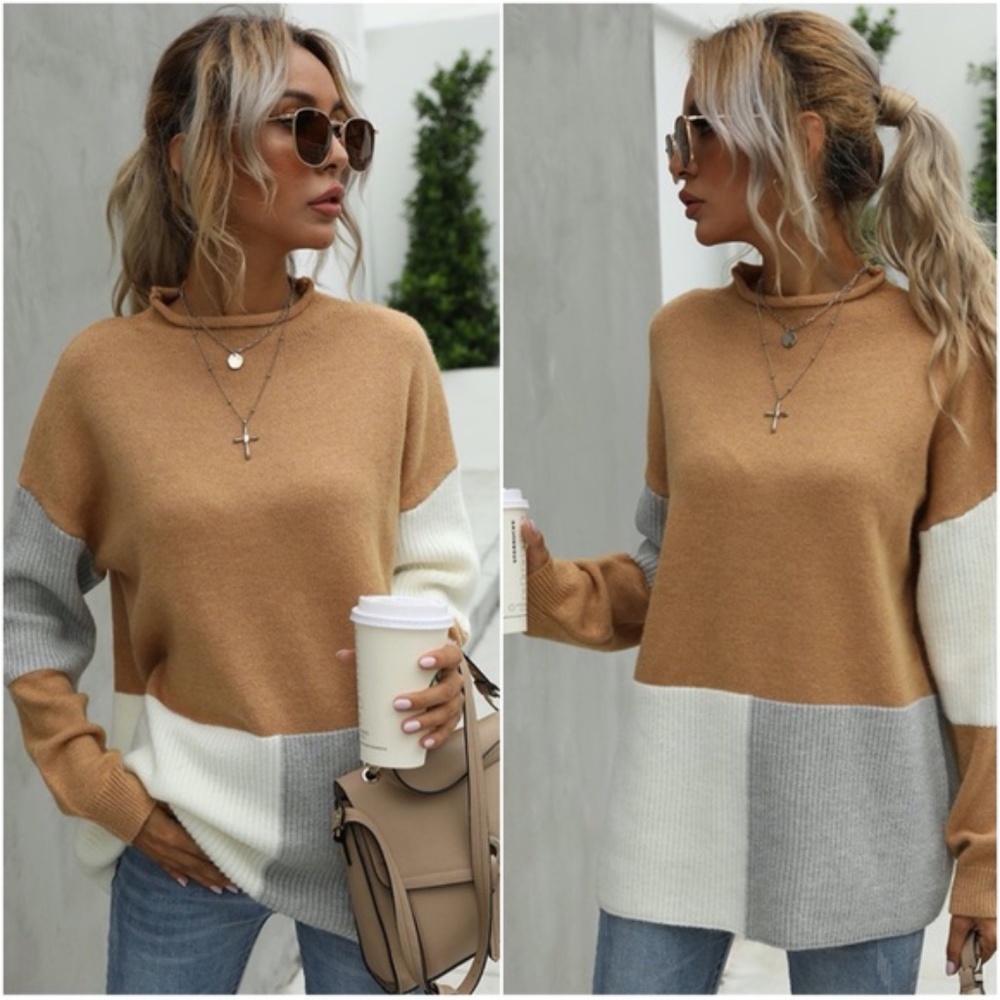 color blocK ribbed knit sweater fall caMEL grey